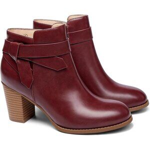 Women Burgundy Synthetic Tie Knot Stacked Heel Chelsea Pump Ankle Boots Shoes